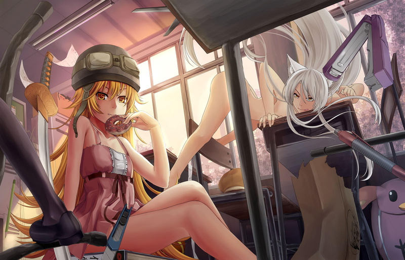 young adult, females, vehicle interior, transportation, lifestyles, two people, anime, Sawarineko, leisure activity, sunlight, young women, Monogatari Series