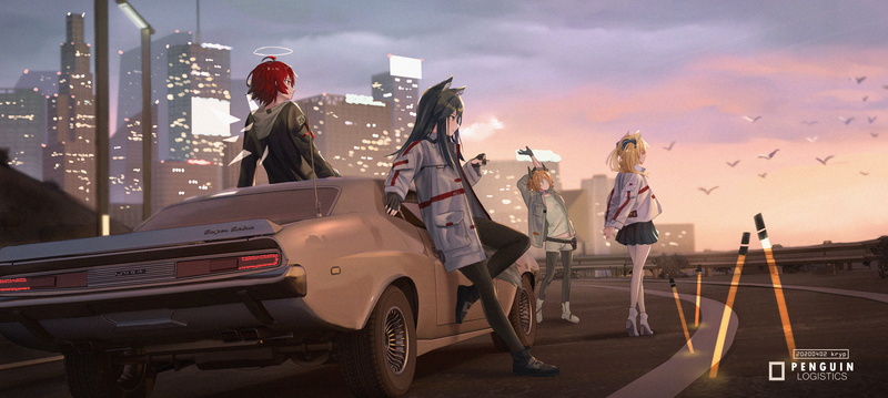 light effects, Sora (Arknights), wolf girls, group of women, car, kryp132, Texas (Arknights), Croissant (Arknights), Exusiai (Arknights), sunset, animal ears