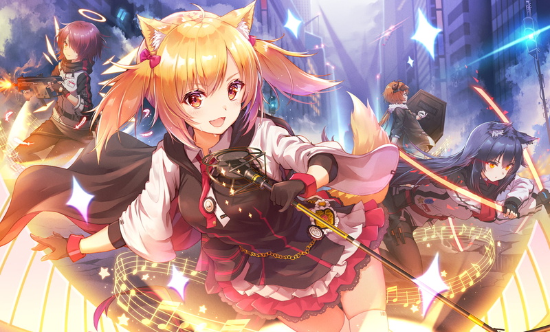 gun, Sora(Arknights), cat girl, cape, Exusiai (Arknights), black hair, red eyes, weapon, music, Halo, twintails, building, tail, yellow eyes, brunette