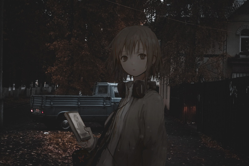 headphones, smartphone, anime girls, short hair, dark, anime, 2K, evening, irl, 2D