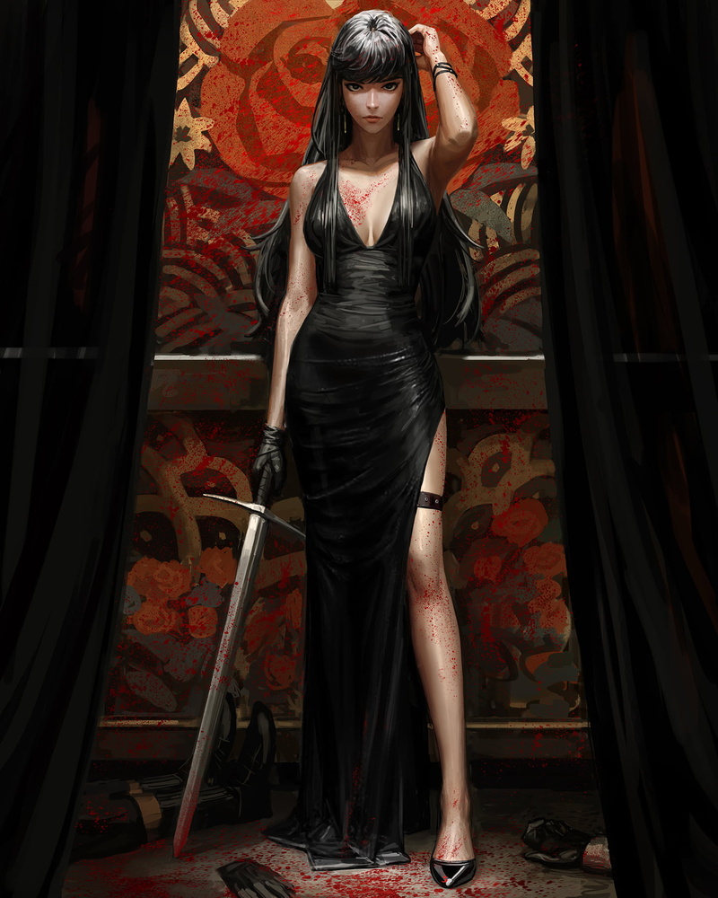 720P, digital art, Bad guys, GUWEIZ, black dress, warrior girls
