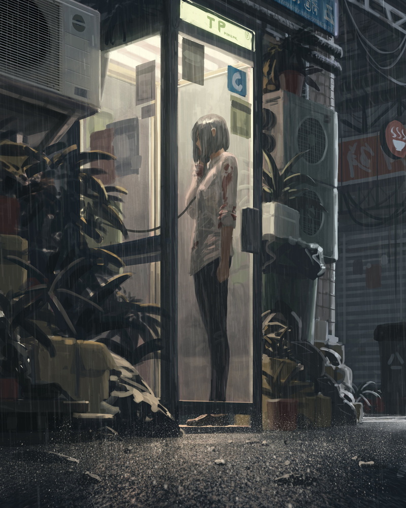 artwork, phone box, telephone, digital art, GUWEIZ, Bad guys, 4K