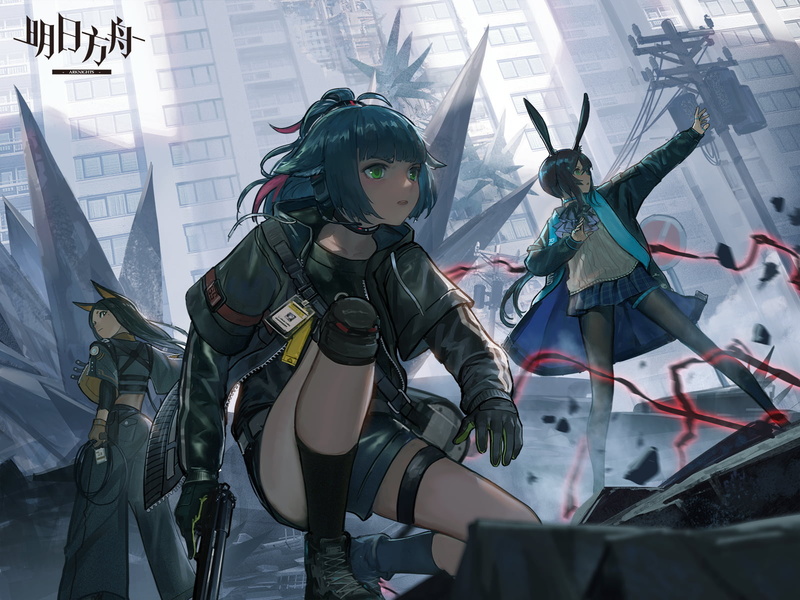 animal ears, city, brunette, short hair, long hair, 720P, Arknights