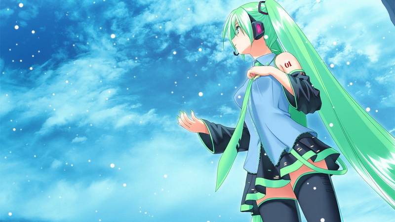green color, standing, side view, crash helmet, three quarter length, real people, outdoors, day, sky, nature, detached sleeves, Hatsune Miku, anime, anime girls
