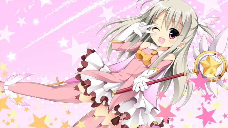 anime, pink, white gloves, gloves, detached sleeves, pink dress, looking at viewer, staff, Fate/kaleid liner Prisma Illya, gray hair, smiling, skirt, 1080P