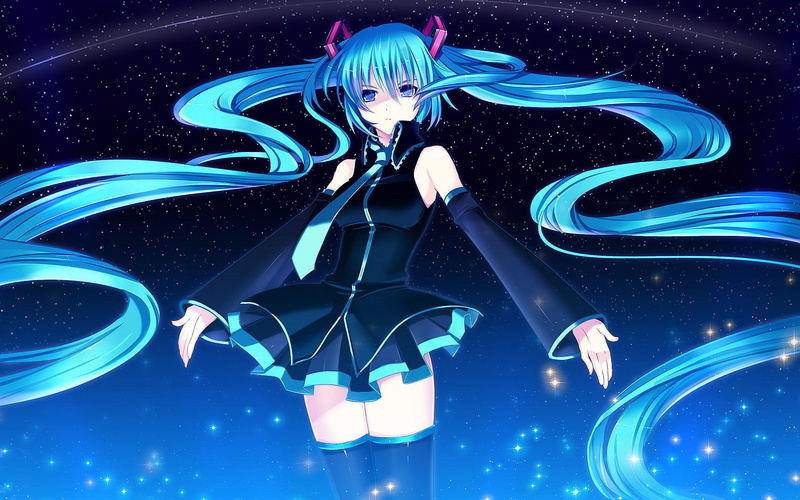 blue hair, boots, Vocaloid, detached sleeves, long hair, stars, thigh-highs, necktie, twintails, 1080P, sleeveless top, Hatsune Miku, miniskirt