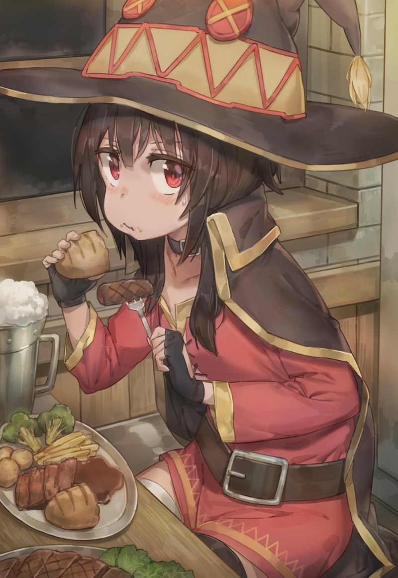 food and drink, lifestyles, holding, food, leisure activity, childhood, bandage, looking at camera, Megumin, one person, day, sitting, Kono Subarashii Sekai ni Shukufuku wo!