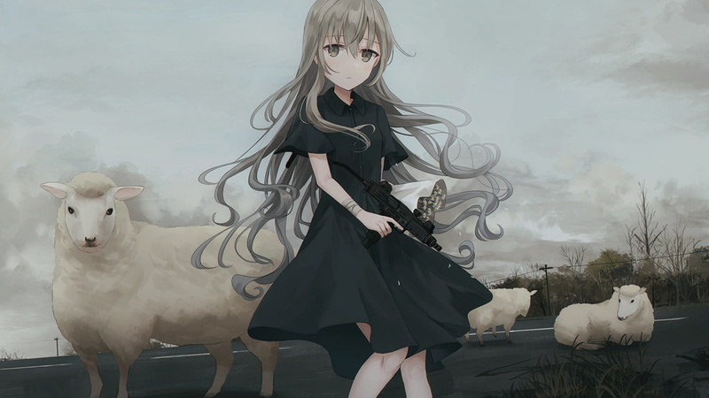 sheep, anime girls, girls, beautiful woman, three quarter length, nature, day, 4K, one person, outdoors, real people, young adult, representation, black dress