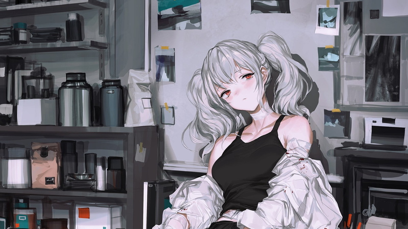 1080P, Black top, artwork, pigtails, anime girls, black tops, original characters, bandage, digital art, red eyes, anime, white hair