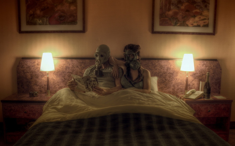 in bed, sitting, lamp, women, bedroom, reading, gas masks, couple, photo manipulation, men, 1080P, painting