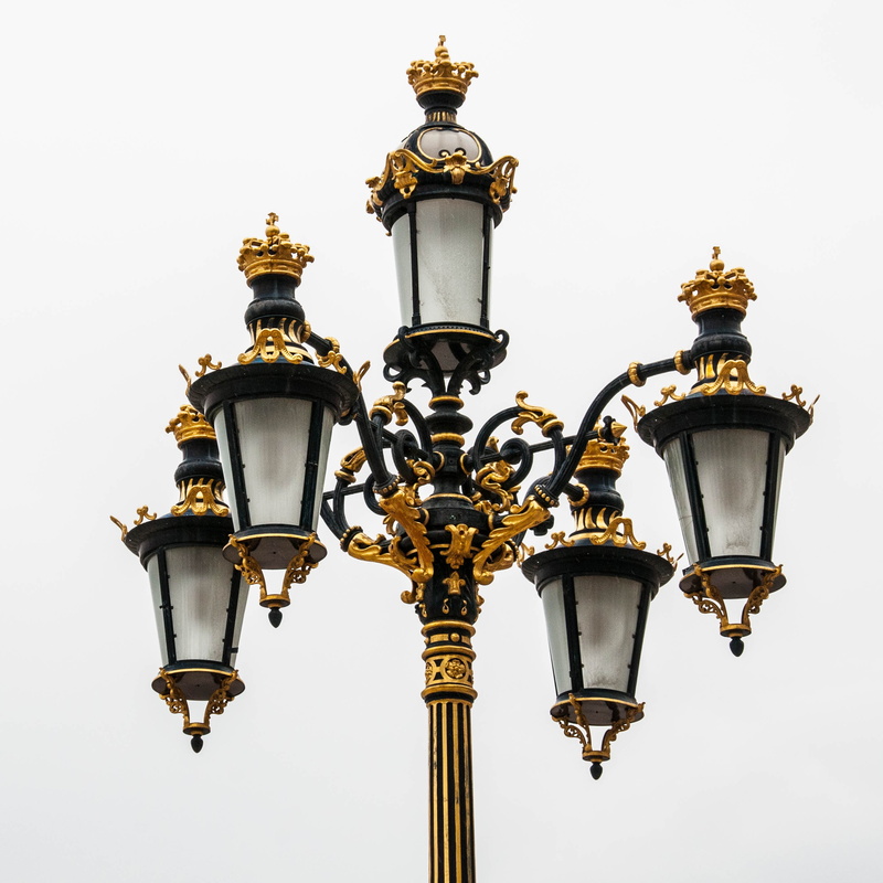 low angle view, black, electric lamp, golden, street lamp, day, no people, 2K, street, lamp, outdoors, architecture, sky, gas light, ornate, street light