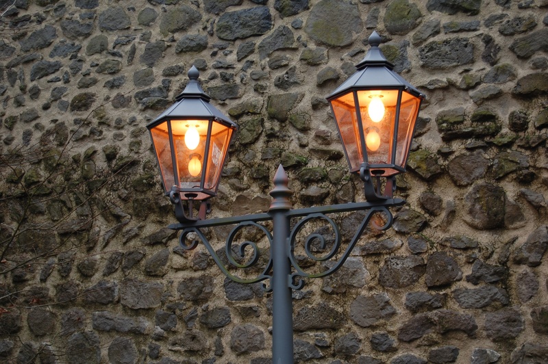 wall - building feature, 2K, lamp, flame, electric Lamp, illuminated, masonry, gas light, stone wall, outdoor lighting, dusk, lighting Equipment, fire