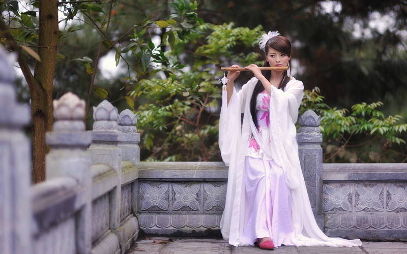 1080P, Dress, White, Playing, Flute, Girl