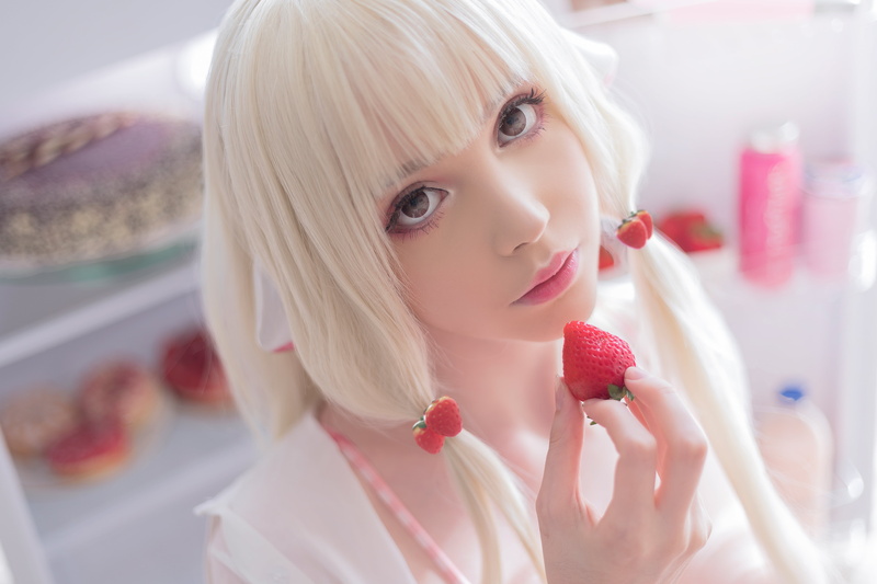 closeup, 5K, model, women indoors, pink lipstick, high angle, indoors, looking at viewer, tied hair, strawberries, women, Sayathefox, depth of field, cosplay