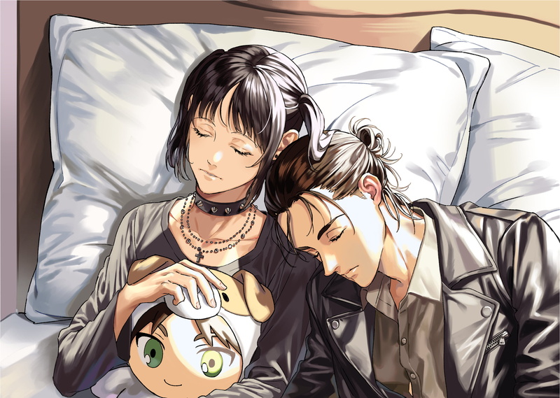 2D, alternate costume, ponytail, pillow, couple, Mikasa Ackerman, head tilted, stuffed animal, men indoors, brunette, anime, grey t-shirt, bangs, black jackets