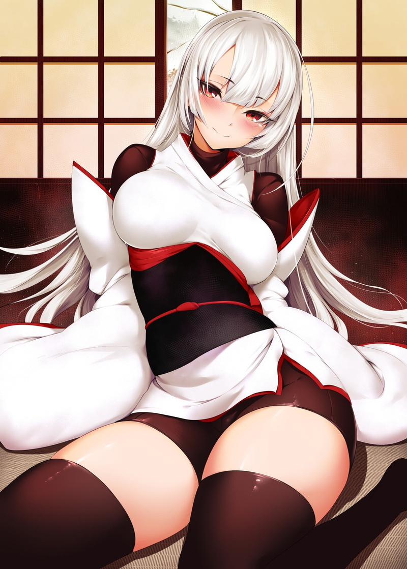 720P, Torn Clothes, Kneeling, Thigh highs, Rogia, White Hair, Tied Down, Collars, cleavage