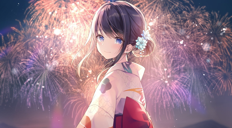 720P, fireworks, anime girls, traditional clothing, Kagachi Saku, tied hair, anime