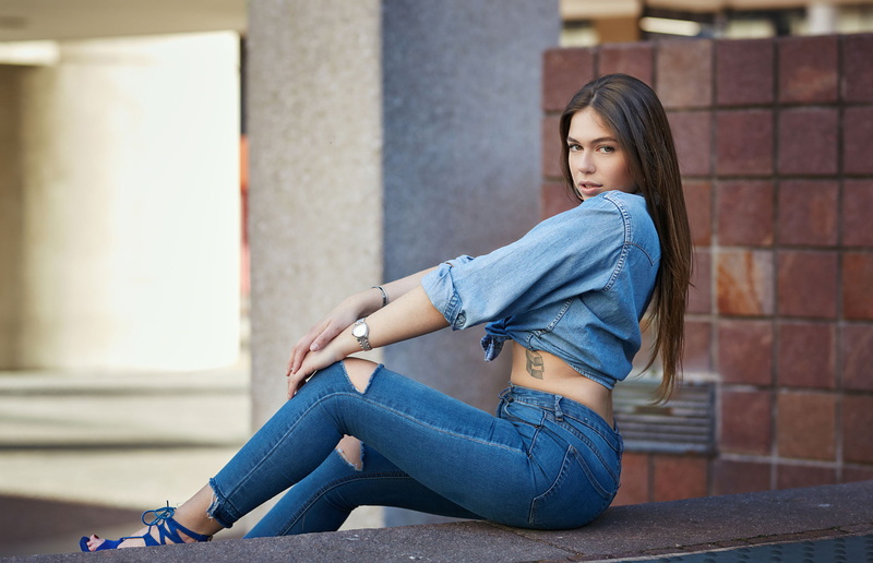 portrait, sitting, long hair, watch, jeans, hands on knees, tattoo, Tied top, women, 1080P, denim shirt, jeans shirt, torn jeans