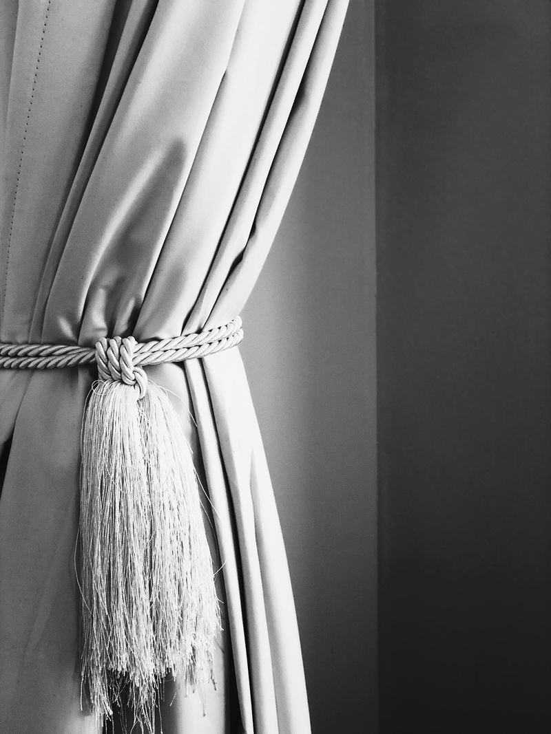 tied up, hair, indoors, day, hanging, curtains, rear view, curtain, no people, 4K, hairstyle, wall - building feature, textile, still life, bow, close