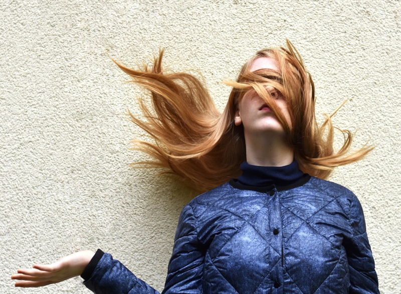 alone, tied up, long hair, women, blue, woman, front view, one person, blonde, human, person, emotion, wall - building feature, young adult, haired, mouth open