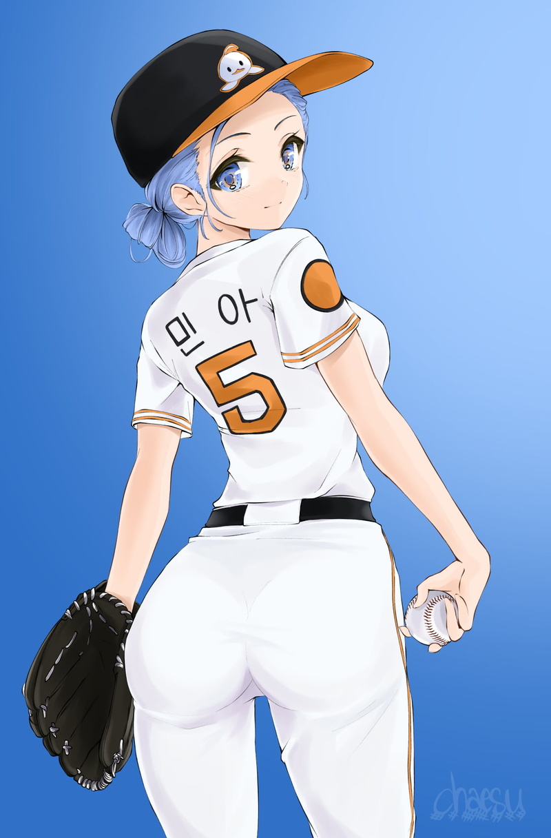blue hair, anime girls, baseball, tied hair, blue eyes, anime, Chaesu, baseball cap, thick ass, 720P, baseball glove