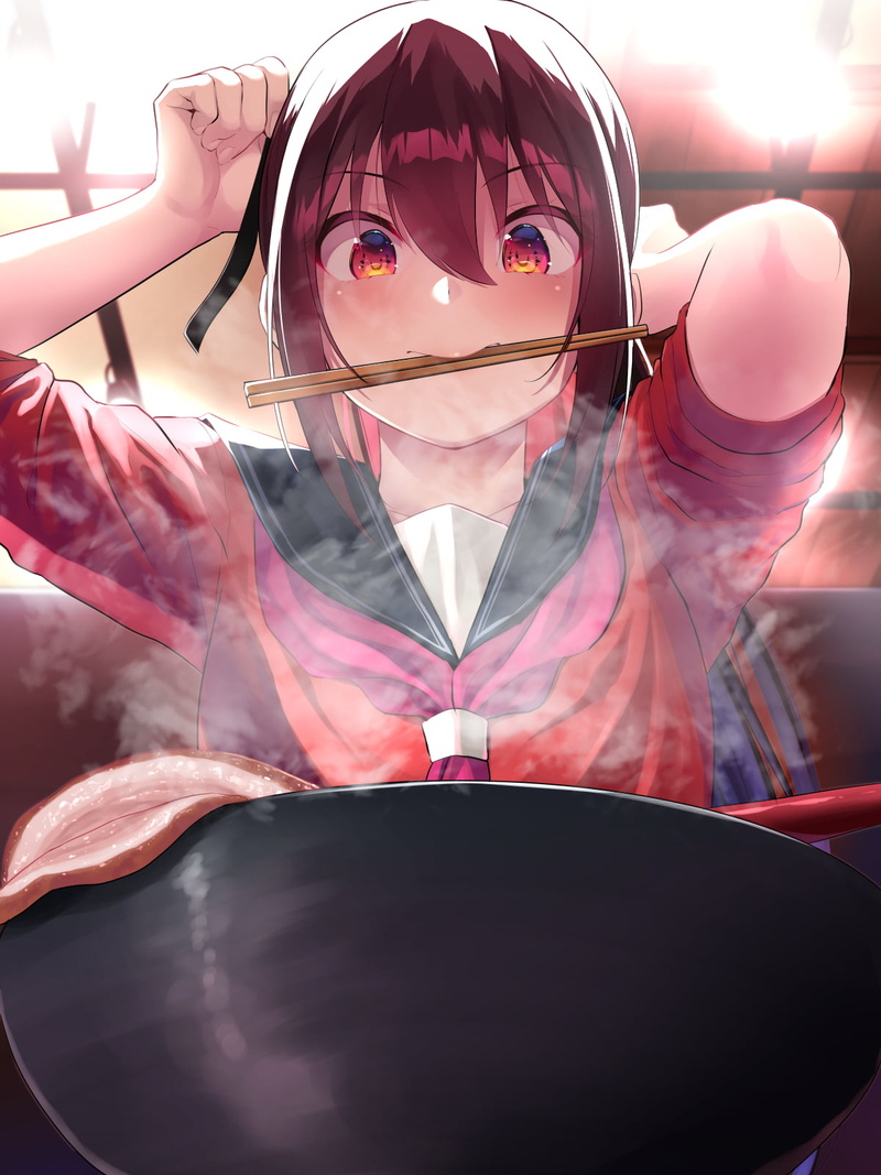 red eyes, Tied Hair, anime, looking below, sailor uniform, nails, redhead, hair ribbon, arms up, 720P, blush, food