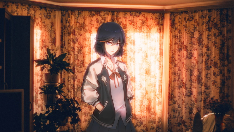 anime, irl, clothing, women, waist up, standing, indoors, 2D, city, three quarter length, Kill la Kill, hairstyle, curtain, front view, adult, young women