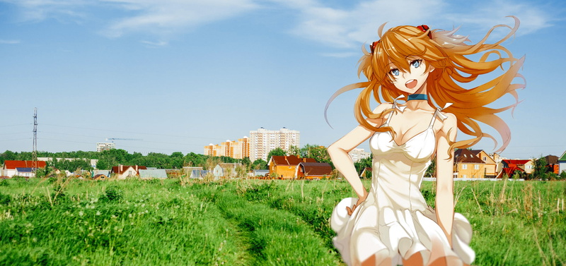 city, 2D, day, irl, building exterior, tree, real people, young women, environment, young adult, Neon Genesis Evangelion, plant, representation, anime
