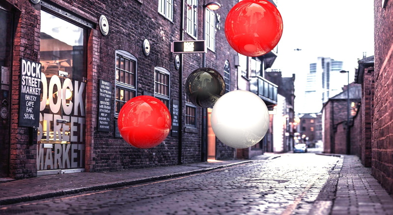 helium balloon, spheres street, market, sphere, wall, outdoors, building, Aero, Creative, balloons, lighting equipment, building exterior, city, beautiful