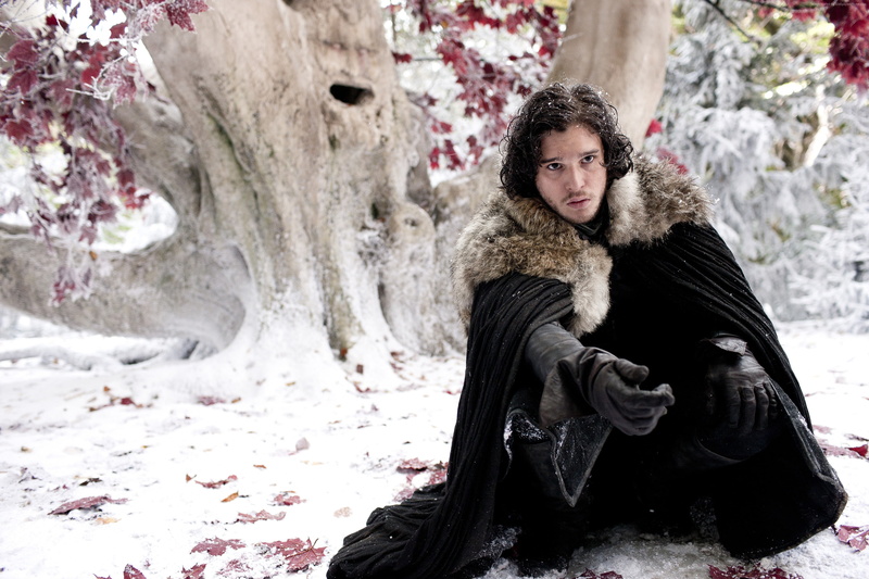 Actor, Kit Harington, John Snow, tree, 2K, snow, black cloak, leaves
