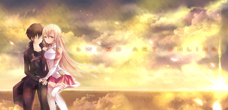 girls, sunlight, cloud, people, fantasy, soraishinya, sword, love, adult, outdoors, wide image, short hair, black hair, one Person, Yuuki Asuna