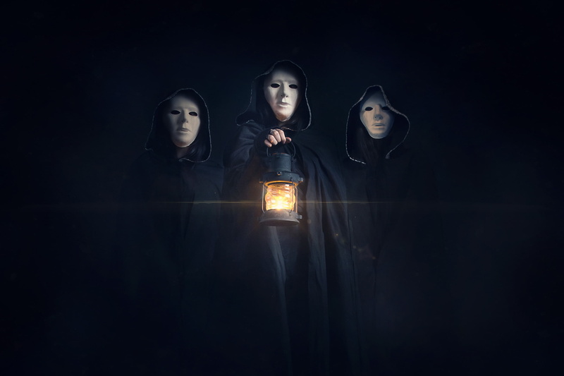 indoors, mask, lighting equipment, figure, black, 2K, people, portrait, illuminated, glowing, night, standing, contemplation, cloaks, adult, young adult