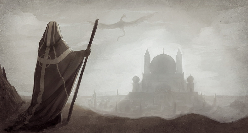 hood, spirituality, the past, travel, fog, the city, dragon, staff, painting, built structure, holding, the dome, textured effect, black and white, building