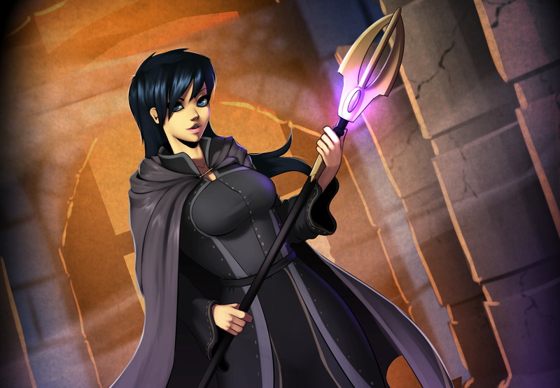 staff, girl, 1080P, cloak, black