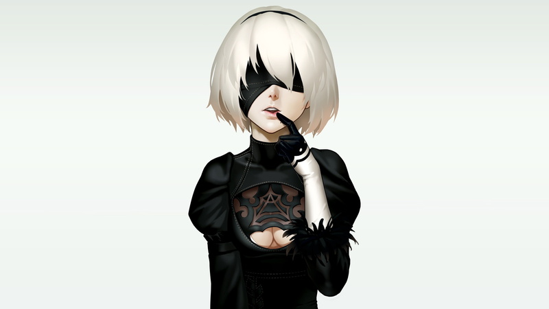 nier: automata, young adult, 2K, three quarter length, obscured face, representation, one person, front view, copy space, standing, art and craft, white background
