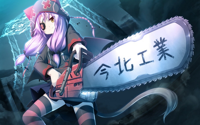 anime, anime girls, smiling, eyepatches, yellow eyes, purple hair, long hair, chainsaws, 720P