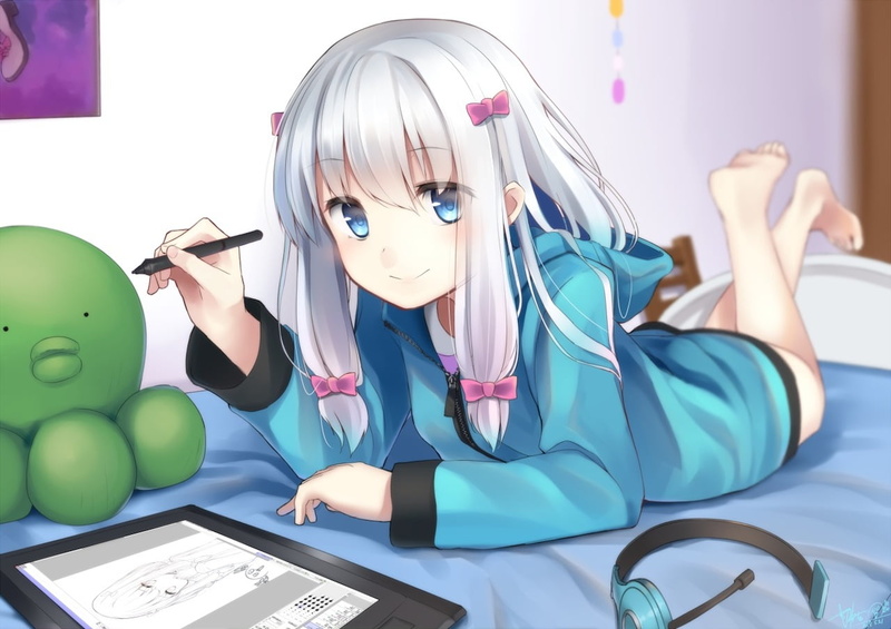 Eromanga-sensei, fashion, leisure activity, furniture, anime girls, loli, aqua eyes, representation, barefoot, indoors, adult, bed, real people, legs up
