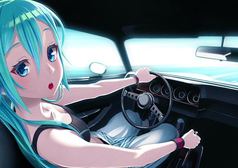 one person, dashboard, sunlight, motor vehicle, mode of transportation, fashion, indoors, land vehicle, aqua hair, steering wheel, anime girls, portrait