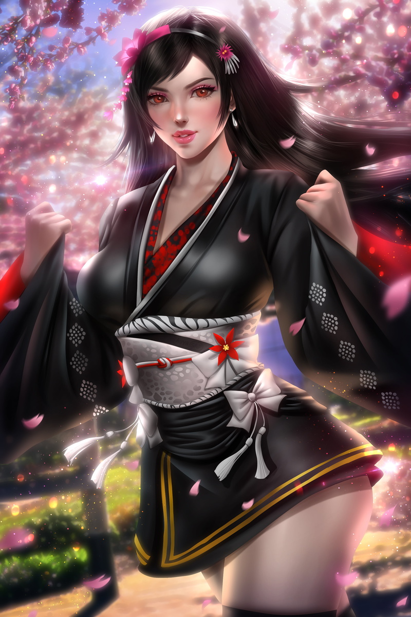 looking at viewer, artwork, cleavage, parted lips, petals, red eyes, Tifa Lockhart, video games, cherry blossom, drawing, portrait display, flower in hair