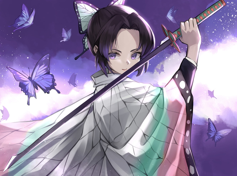 4K, Kochou Shinobu, Japanese clothes, butterfly, hair accessories, illustration, digital art, artwork, kimono, Pixiv, katana, portrait, purple eyes, drawing