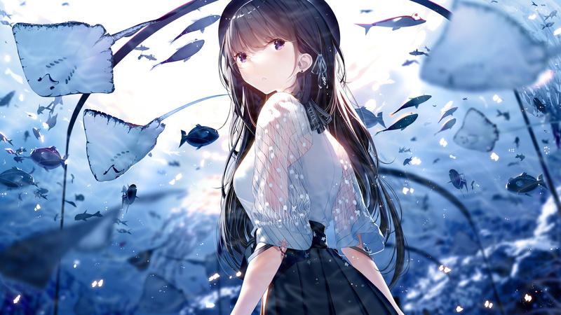 original characters, parted lips, anime, hair accessories, illustration, black hair, 1080P, drawing, looking at viewer, low-angle, long hair, Atha, artwork