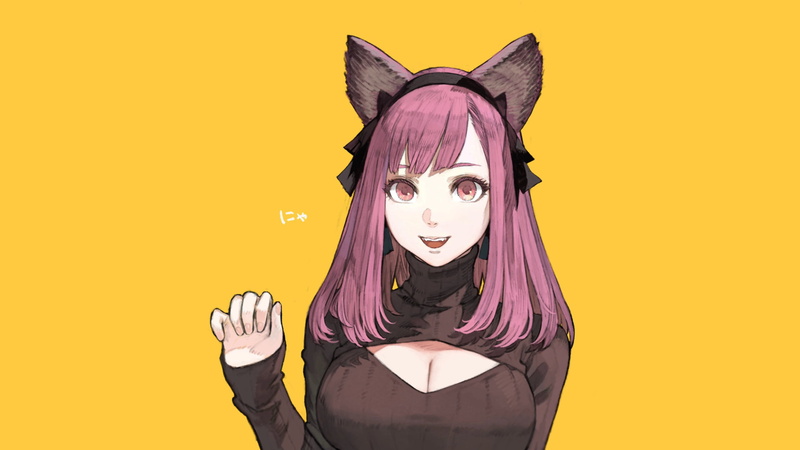 cleavage, anime girls, cat girl, pink hair, hair accessories, artwork, portrait, fangs, nekomimi, original characters, sweater, animal ears, frontal view