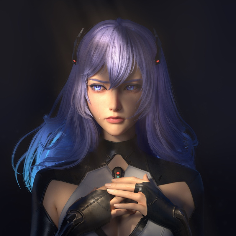 Type-005 Lacia, 2K, women, shadow, CGI, androids, blue eyes, hair accessories, portrait, Beatless, blue hair, simple background, crying, Lacia, Huifeng Huan