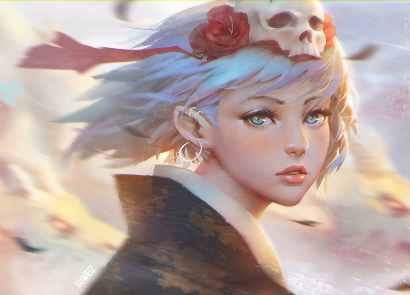 aqua eyes, soft shading, skull, flowers, aqua hair, white hair, anime, GUWEIZ, original characters, 720P, headdress