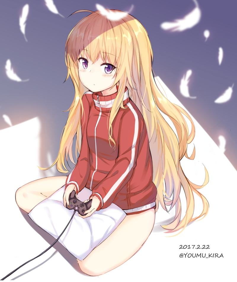 Gabriel Dropout, long hair, 1080P, video games, blonde, purple eyes, white skin, anime girls, 2017 (Year), Gabriel White Tenma, controller, anime, fan