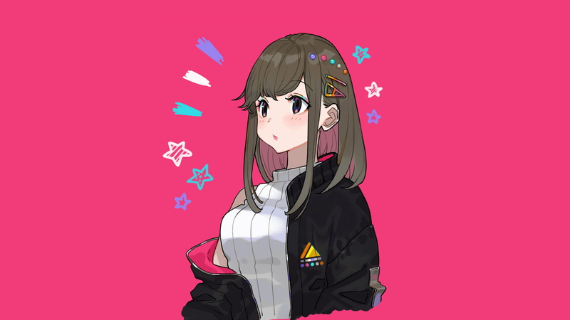 sweater, original characters, drawing, brunette, artwork, anime girls, jacket, 2D, pink background, blushing, 1080P, hair pins, digital art, anime, illustration