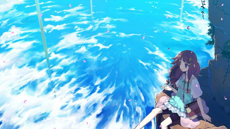 brunette, sky, anime girls, clouds, flower petals, long hair, 1080P, hair pins, anime