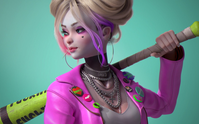 2K, colorful, pins, illustration, DC Comics, Harley Quinn, Harleen Frances Quinzel, character design, Batman logo, hair, Joker