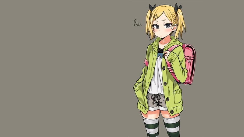 bag, blonde, twintails, Yano Erika, anime girls, 1080P, Shirobako, hair pins, simple background, anime, thigh-highs