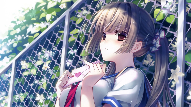 letters, hime, characters, ponytails, bushes, close up, anime, blondes, hair, pins, girls, blossoms, schoolgirls, 2K, uniforms, eyes, cut, fences, school